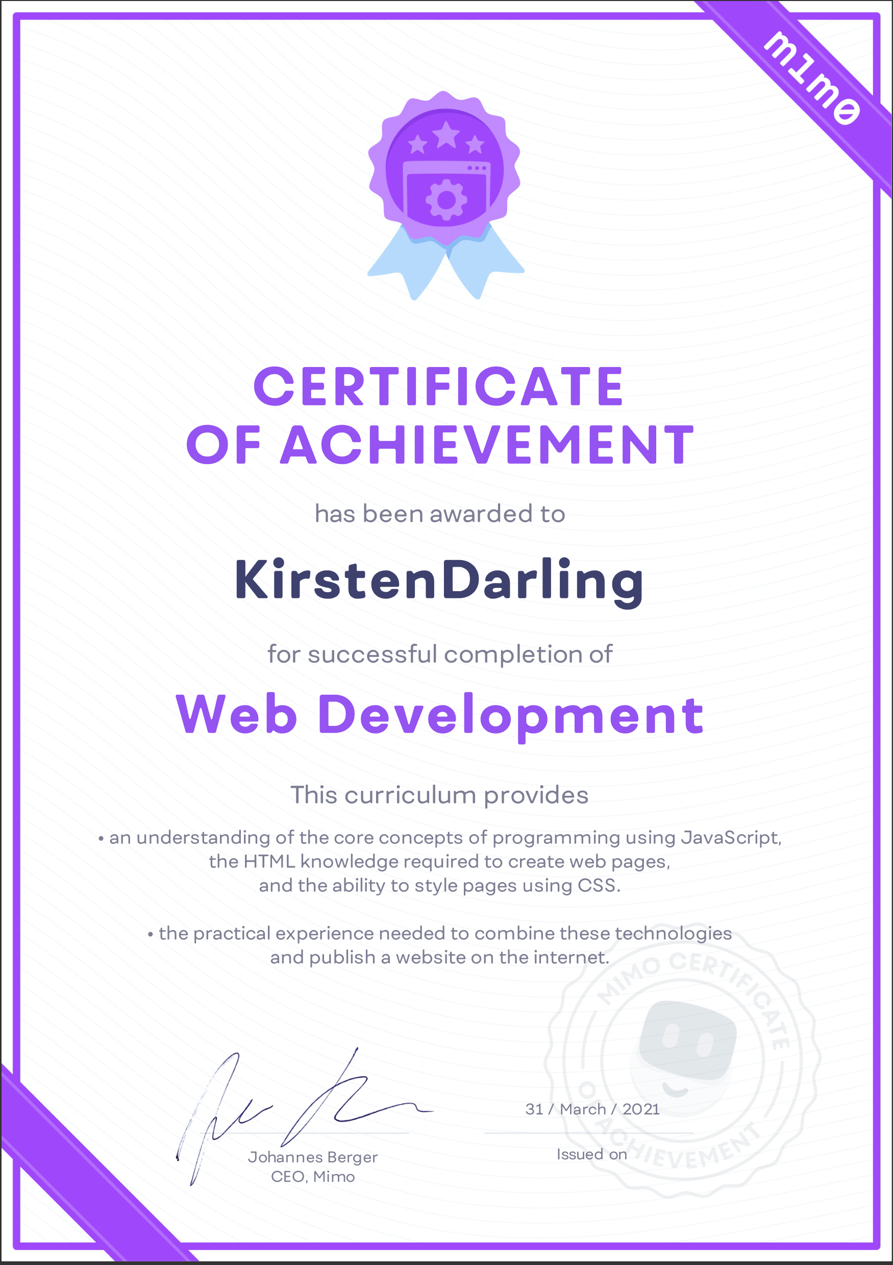 Mimo front end development certificate
